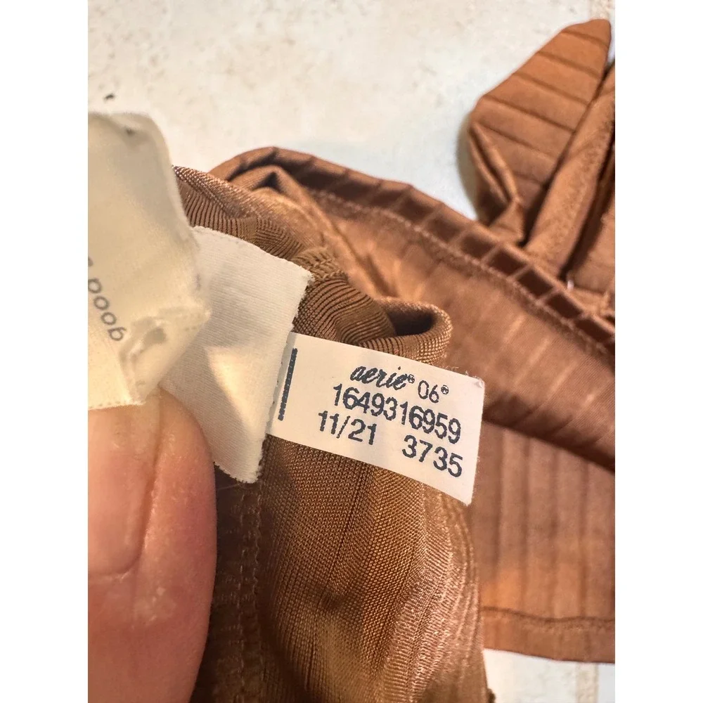 Aerie Ribbed Bikini Set Brown Keyhole Tie Front High Waist Cheeky Medium